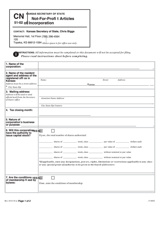 Form Cn 51-02 - Not-For-Profit Articles Of Incorporation Printable pdf
