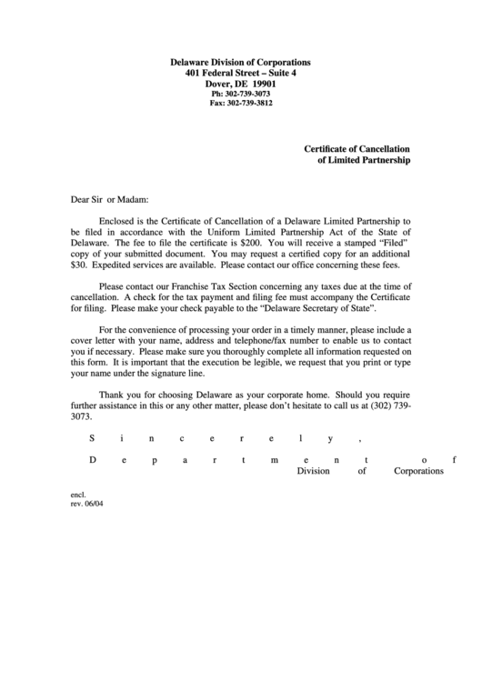 Fillable Certificate Of Cancellation Of Limited Partnership - Delaware Division Of Corporations, Certificate Of Cancellation Of Foreign Limited Partnership - Delaware Division Of Corporations Printable pdf