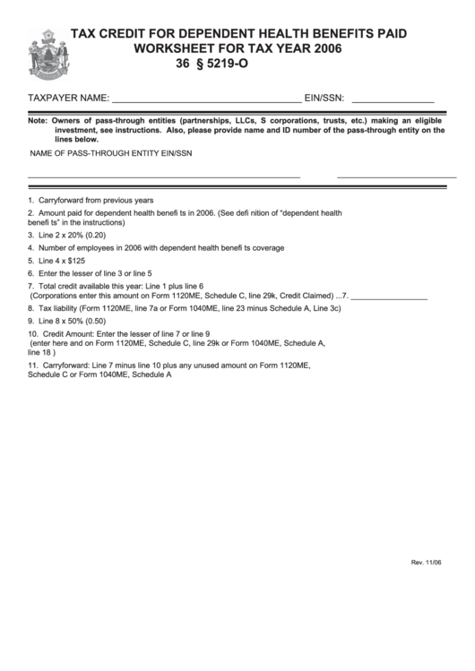 Tax Credit For Dependent Health Benefits Paid Worksheet 36 M.r.s.a. 5219-O - 2006 Printable pdf