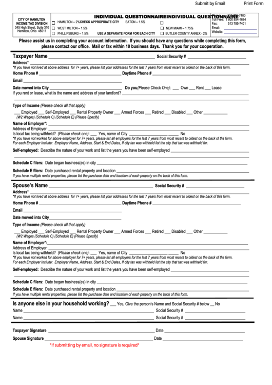 Fillable Individual Questionnaire Form - City Of Hamilton Printable pdf