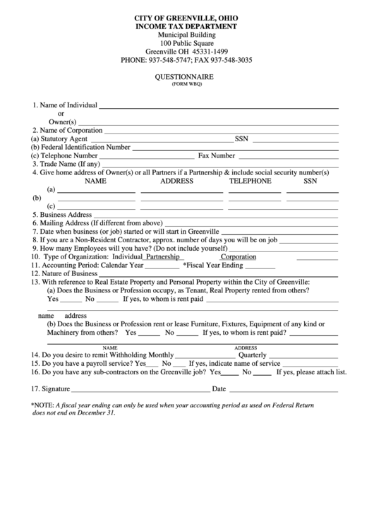 Form Wbq - Questionnaire - City Of Greenville Printable pdf