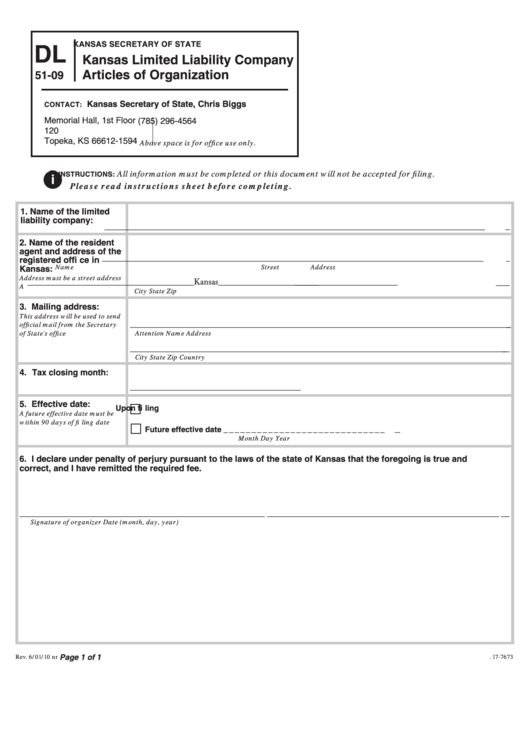 Form Dl 51-09 - Kansas Limited Liability Company Articles Of Organization Printable pdf