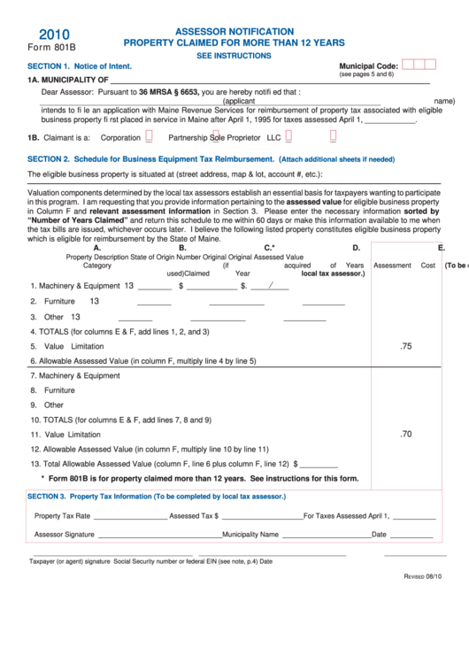Form 801b - Assessor Notification Property Claimed For More Than 12 Years - 2010 Printable pdf