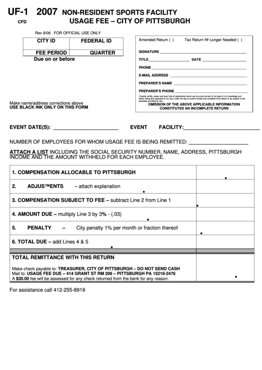 Form Uf-1 - Non-Resident Sports Facility Usage Fee - 2007 Printable pdf