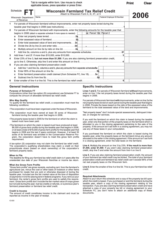 Fillable Form Ic-033 - Wisconsin Farmland Tax Relief Credit - 2006 Printable pdf