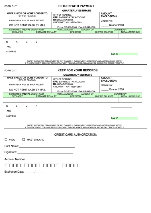 Form Q1 7 - Return With Payment Printable pdf