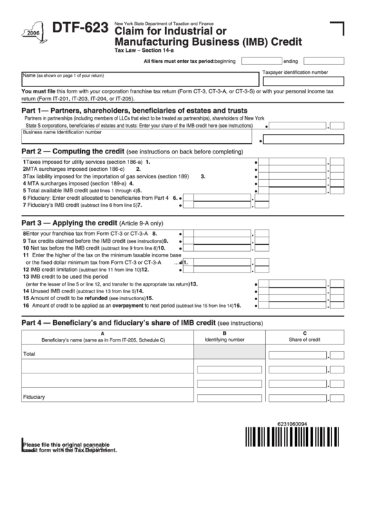 Fillable Form Dtf-623 - Claim For Industrial Or Manufacturing Business (Imb) Credit Printable pdf