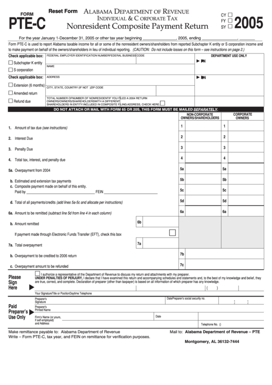 Fillable Form Pte-C - Nonresident Composite Payment Return - 2005 Printable pdf