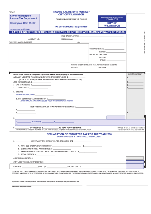 Form Ir - Income Tax Return For 2007 Printable pdf