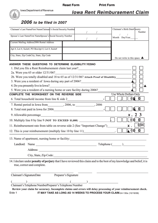 Fillable Form 54-130 - Iowa Rent Reimbursement Claim - 2006 Printable pdf