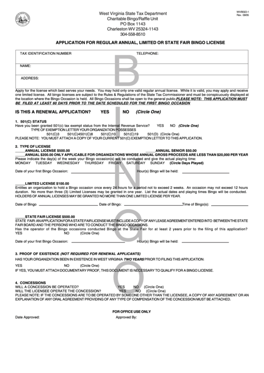 Form Wv/bgo-1 - Application For Regular Annual, Limited Or State Fair Bingo License Printable pdf