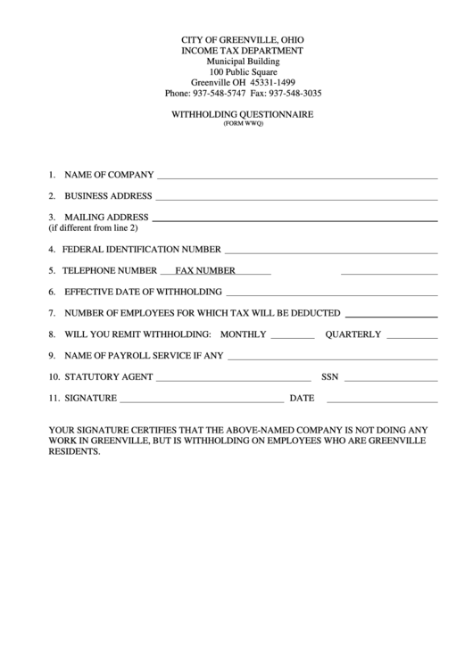 Form Wwq - Withholding Questionnaire Printable pdf