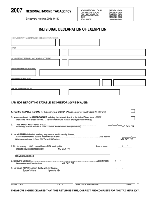 Individual Declaration Of Exemption - Broadview Heights, Ohio - 2007 Printable pdf