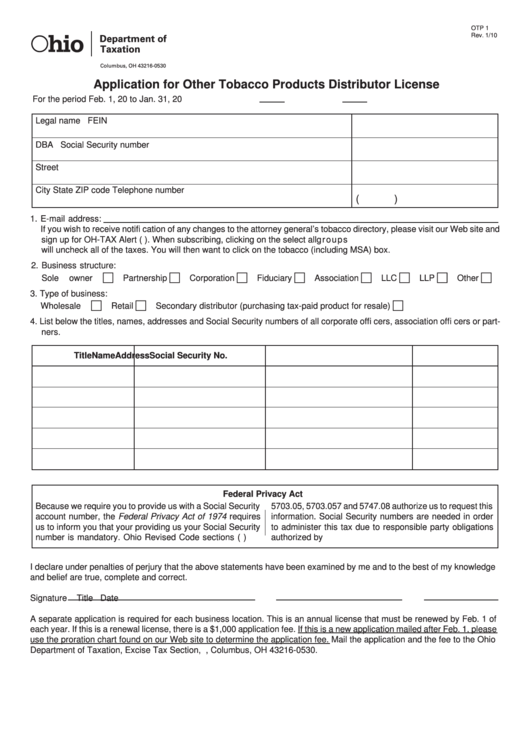 Form Otp 1 - Application For Other Tobacco Products Distributor License Printable pdf