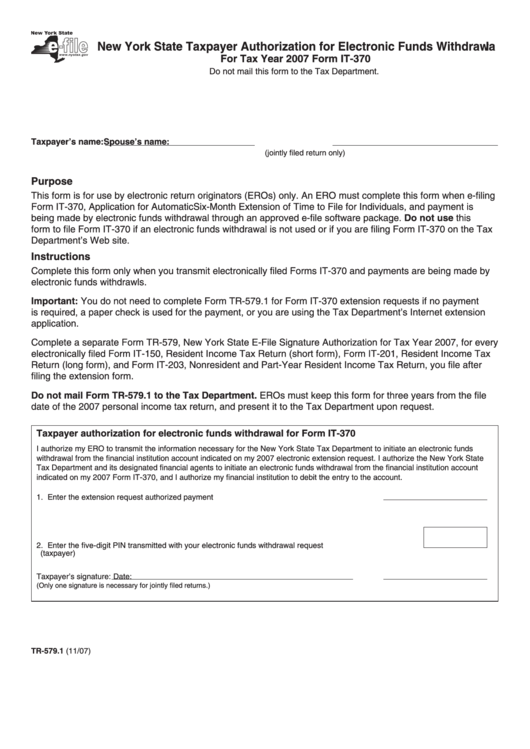 Form It-370 - New York State Taxpayer Authorization For Electronic Funds Withdrawal For Tax Year 2007 Printable pdf