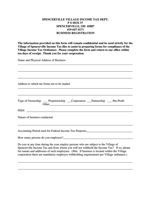 Business Income Tax Registration Form Printable pdf