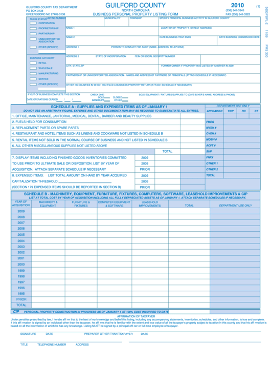 Form 5653pbpl-2 - Business Personal Property Listing Form - Guilford County - 2010 Printable pdf