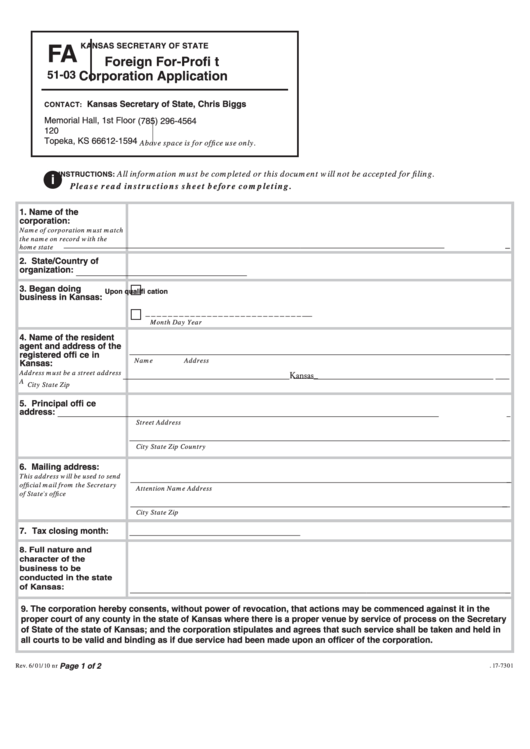 Form Fa 51-03 - Foreign For-Profit Corporation Application Printable pdf