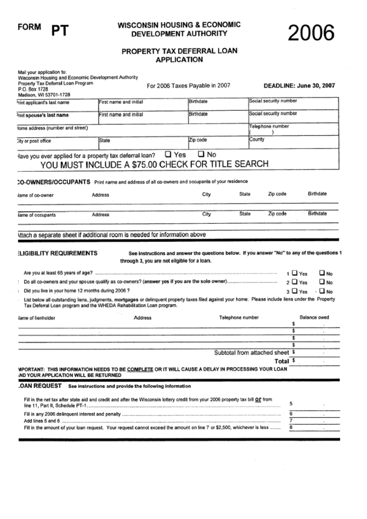 Form Pt - Property Tax Deferral Loan Application - 2006 Printable pdf