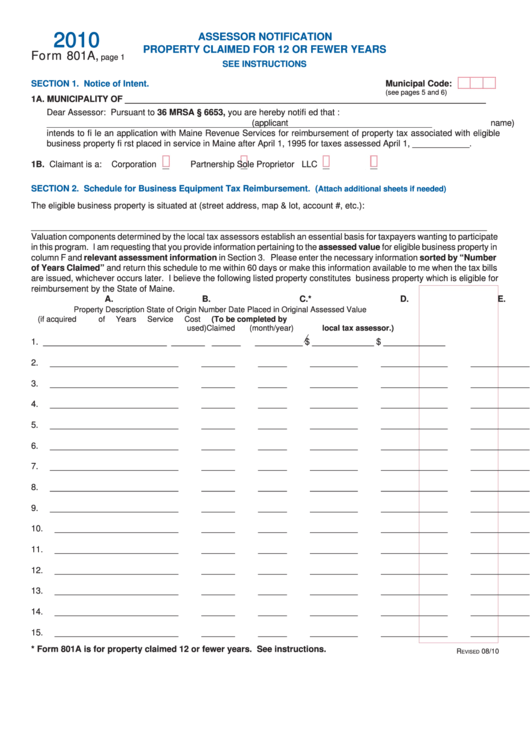 Form 801a - Assessor Notification Property Claimed For 12 Or Fewer Years - 2010 Printable pdf