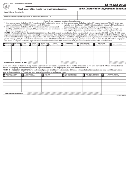 Form Ia 4562a - Iowa Depreciation Adjustment Schedule - 2006 Printable pdf