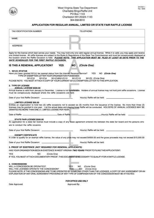 Form Wv/raf-1 - Application For Regular Annual, Limited Or State Fair Raffle License Printable pdf