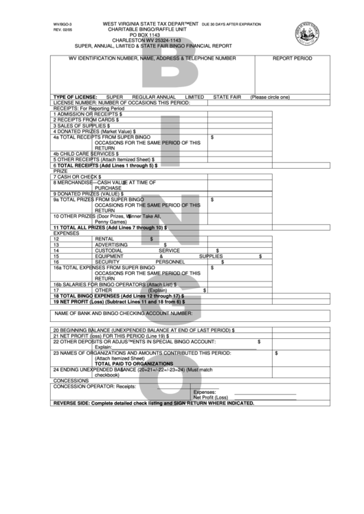 Form Wv/bgo-3 - Super, Annual, Limited & State Fair Bingo Financial Report Printable pdf