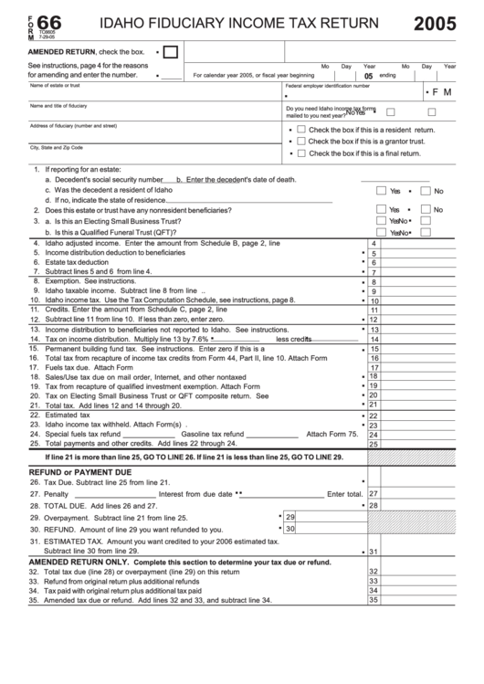 Form 66 - Idaho Fiduciary Income Tax Return - 2005 Printable pdf