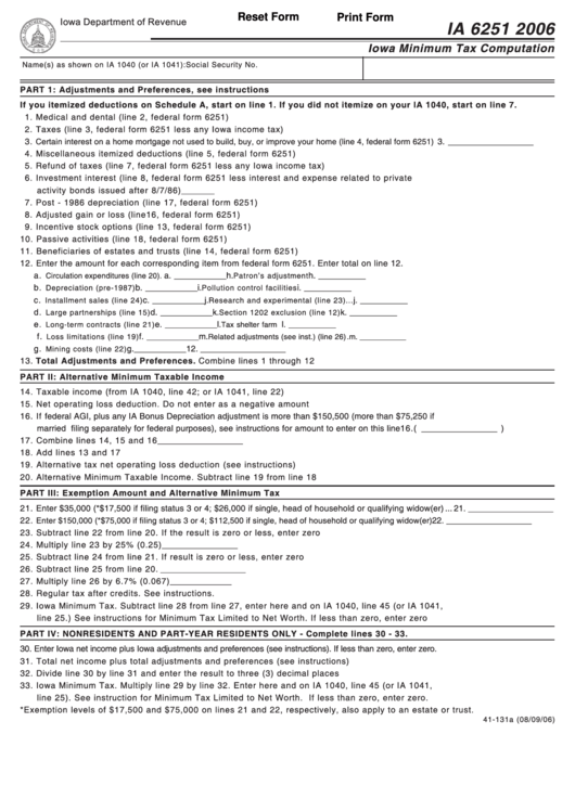 Fillable Form Ia 6251 - Minimum Tax Computation - 2006 Printable pdf