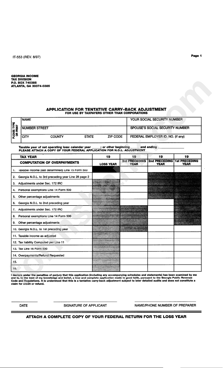 Form It-553 - Application For Tentative Carry-Back Adjustment - Computation Of Net Operating Loss