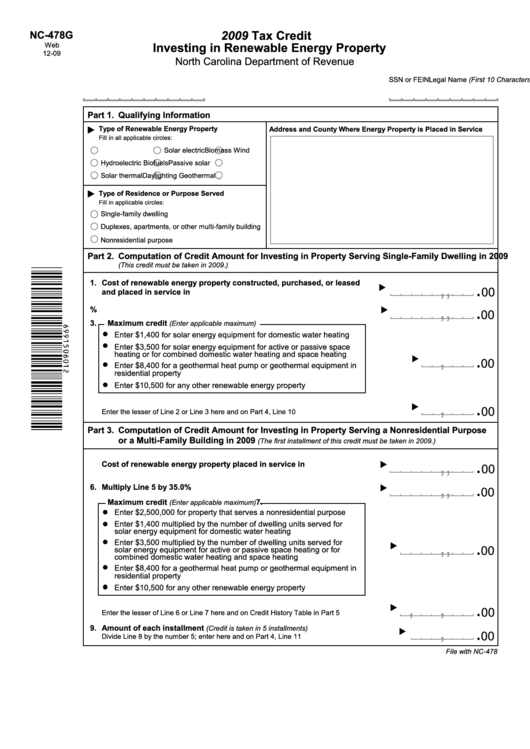 Form Nc-478g - 2009 Tax Credit Investing In Renewable Energy Property Printable pdf