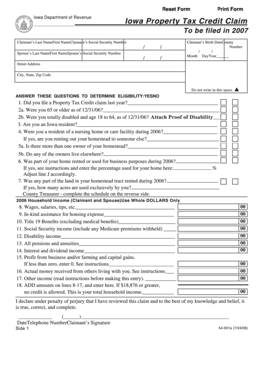 Fillable Form 54-001 - Iowa Property Tax Credit Claim - 2007 Printable pdf