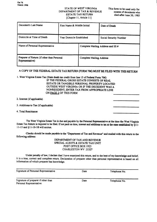 Fillable Form Est 76 - Estate Tax Return Printable pdf