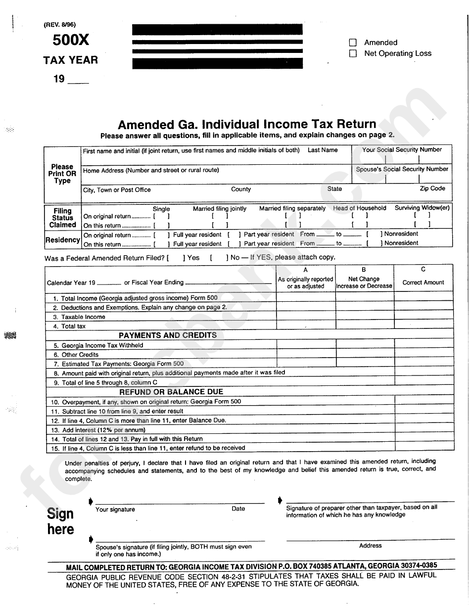 Form 500x - Amended Ga Individual Income Return