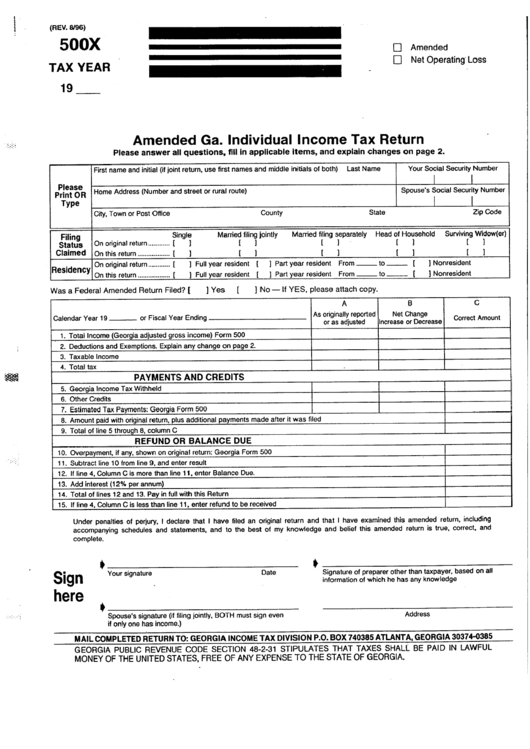 Fillable Form 500x - Amended Ga Individual Income Return Printable pdf