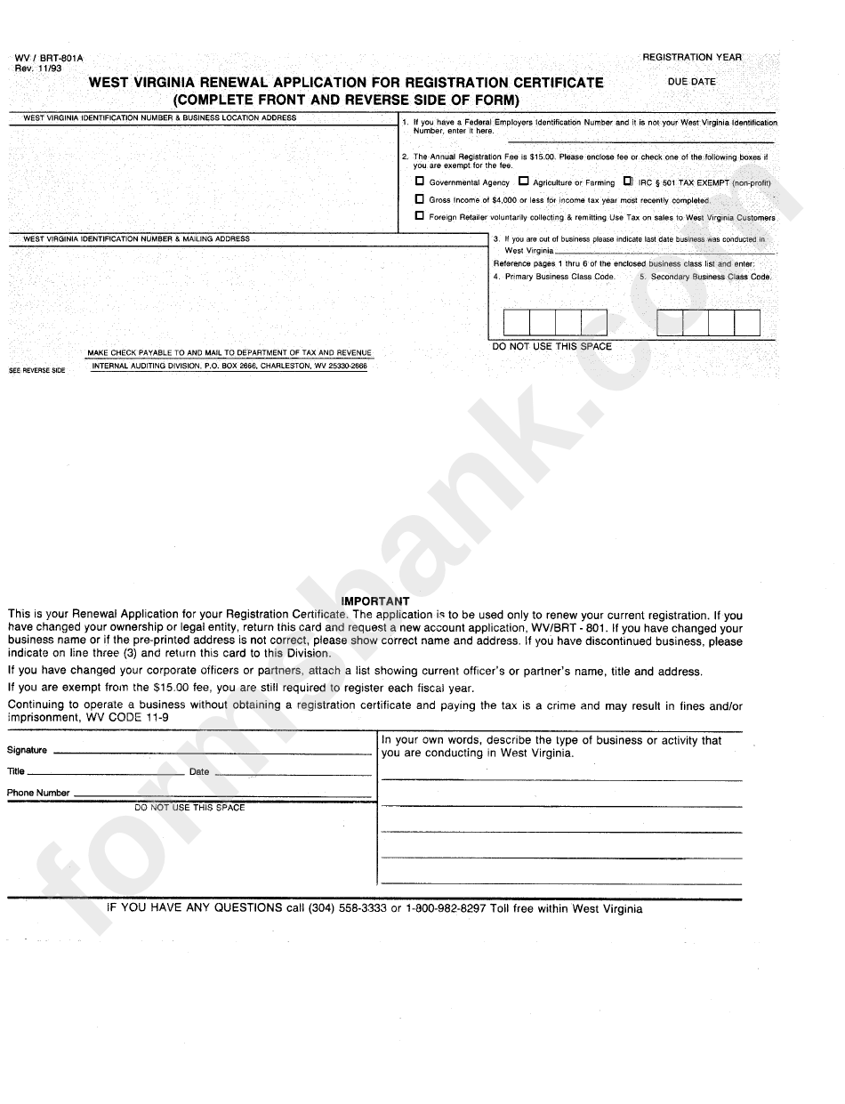 Form W/v Brt-801a - West Virginia Renewal Application For Registraion Certificate