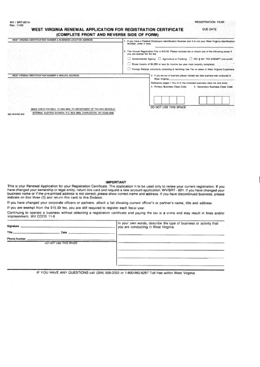 Fillable Form W/v Brt-801a - West Virginia Renewal Application For Registraion Certificate Printable pdf