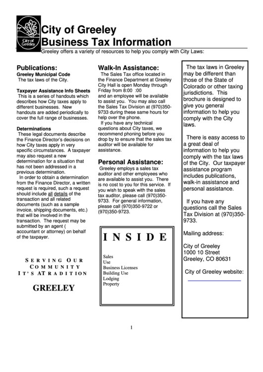 Business Tax Information Sheet - City Of Greeley Printable pdf