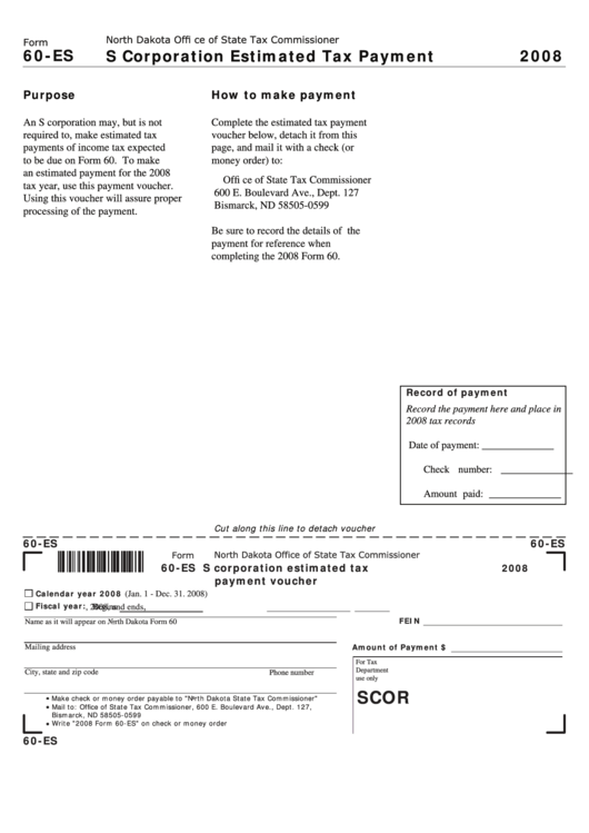 Fillable Form 60-Es - S Corporation Estimated Tax Payment - 2008 Printable pdf