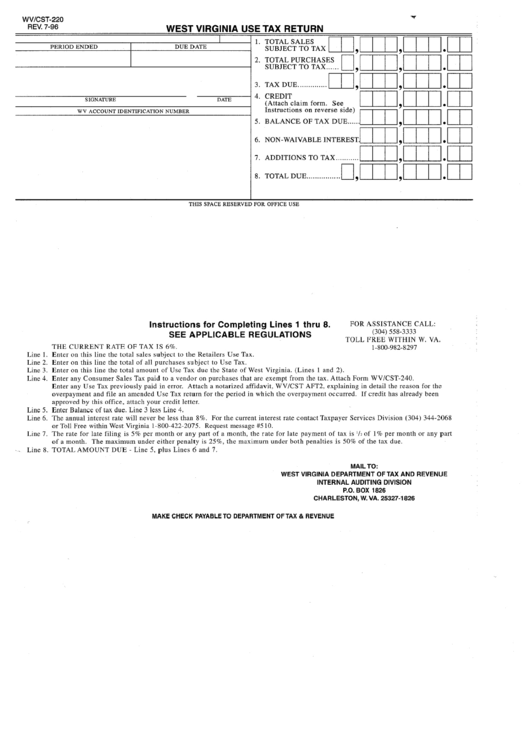 Fillable Form Wv/cst-220 - West Virginia Use Tax Return Printable pdf
