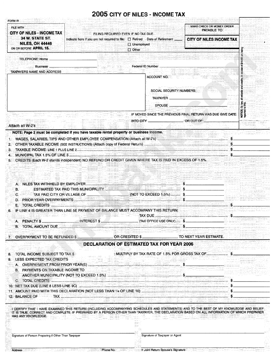 Form Ir - 2005 City Of Niles Income Tax