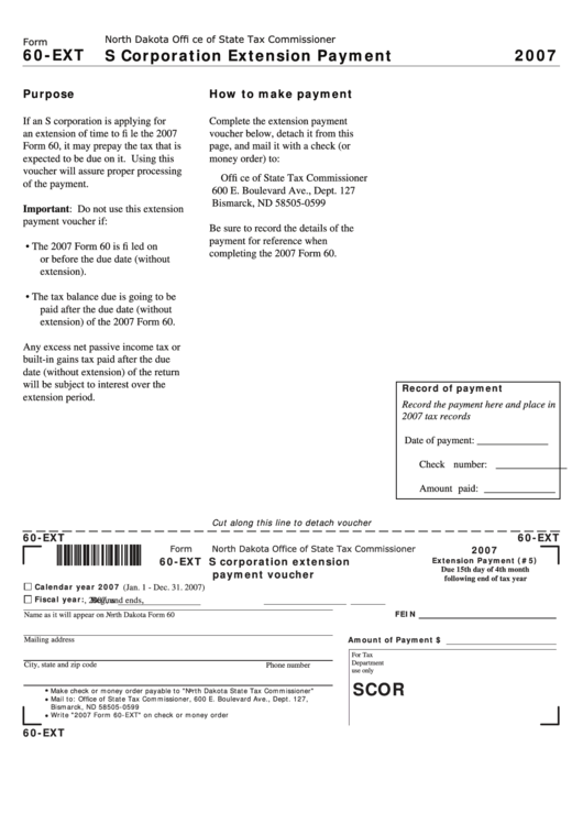 Fillable Form 60-Ext - S Corporation Extension Payment - 2007 Printable pdf