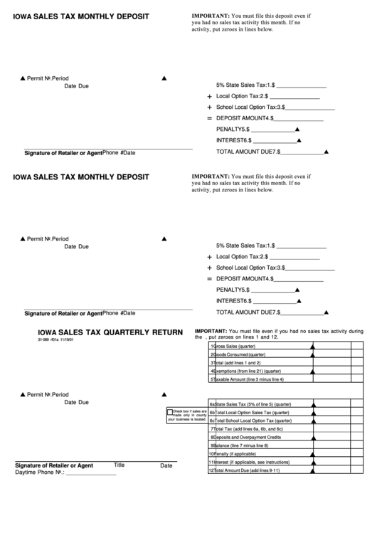 Form 31-089 Rf01b - Iowa Sales Tax Monthly Deposit - 2001 Printable pdf