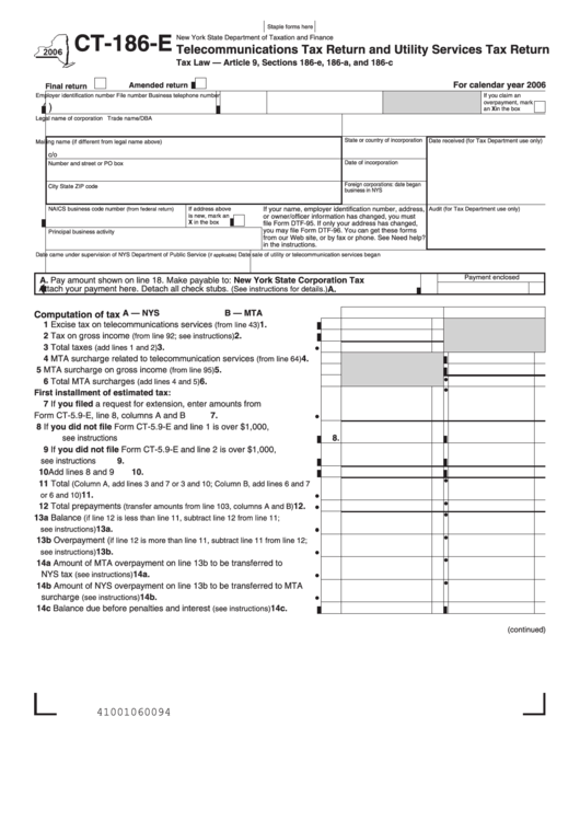 Fillable Form Ct-186-E - Telecommunications Tax Return And Utility Services Tax Return Form Printable pdf