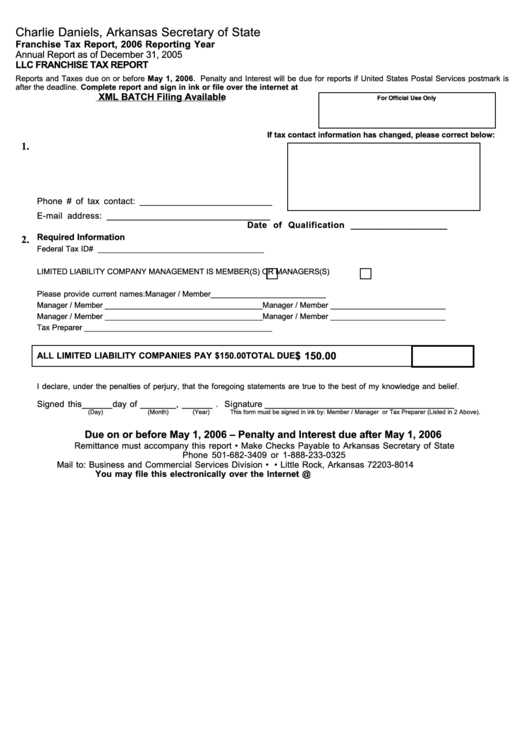 Llc Franchise Tax Report Form - Arkansas Secretary Of State - 2006 Printable pdf