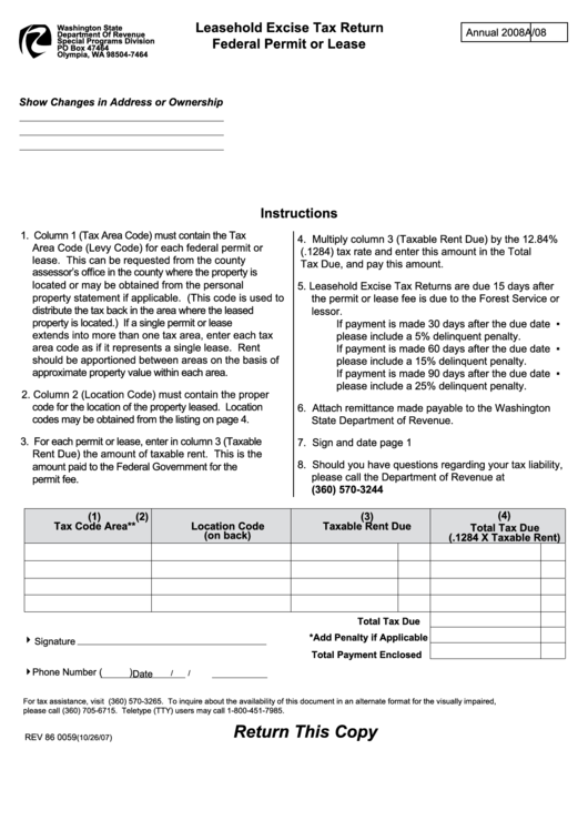 Form Rev 86 0059 - Leasehold Excise Tax Return Federal Permit Or Lease - 2008 Printable pdf