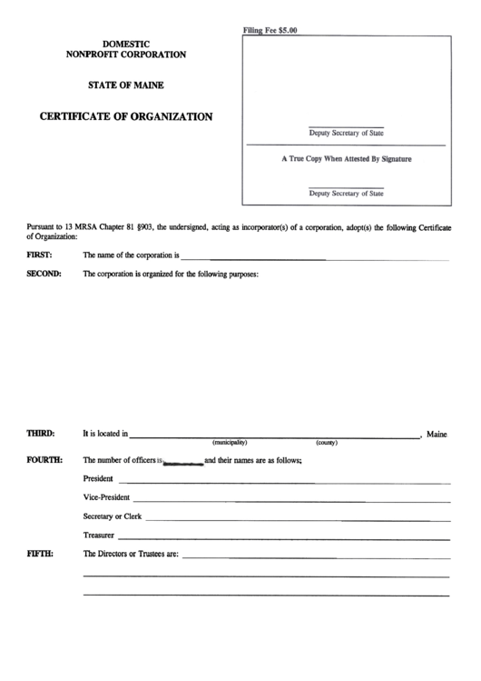 Form Mnp-6 - Certificate Of Organization Form - Secretary Of State - Maine Printable pdf