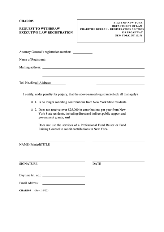 Form Char005 - Request To Withdraw Executive Law Registration Printable pdf
