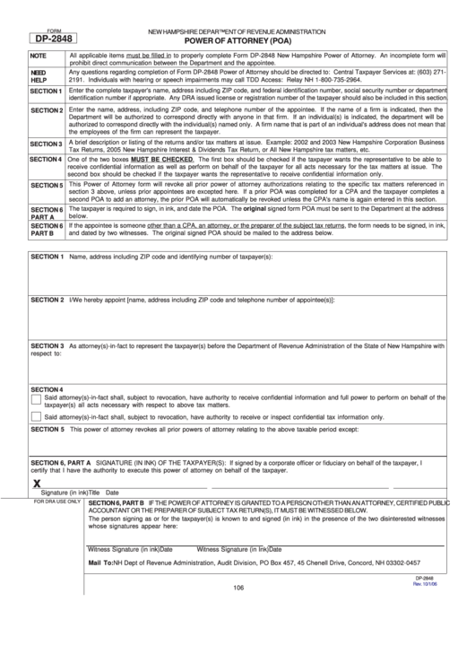 Form Dp-2848 - Power Of Attorney (Poa) - New Hampshire Department Of Revenue Administration Printable pdf