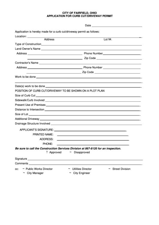 Application For Curb Cut/driveway Permit Form Printable pdf